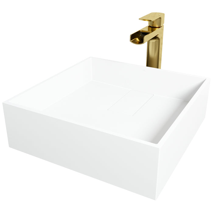 Matte Stone Bryant Composite Square Vessel Bathroom Sink in White with Amada Faucet and Pop-Up Drain in Matte Gold