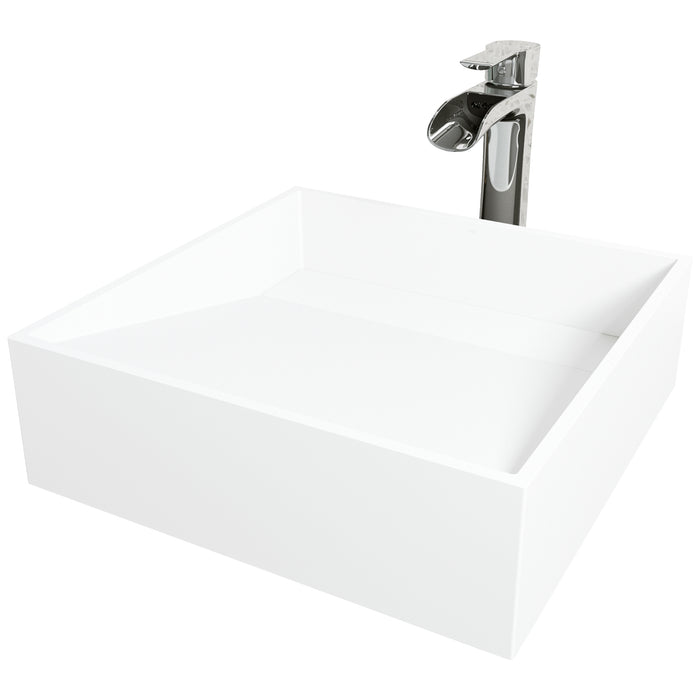 Matte Stone Starr Composite Square Vessel Bathroom Sink in White with Niko Faucet and Pop-Up Drain in Chrome