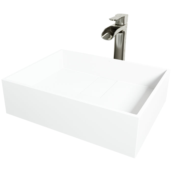Matte Stone Bryant Rectangular Vessel Bathroom Sink in White with Niko Faucet and Pop-Up Drain in Brushed Nickel