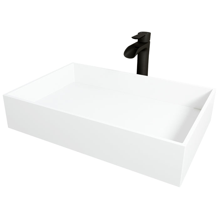 Matte Stone Montauk Grand Rectangular Vessel Bathroom Sink in White with Niko Faucet and Pop-Up Drain in Matte Black