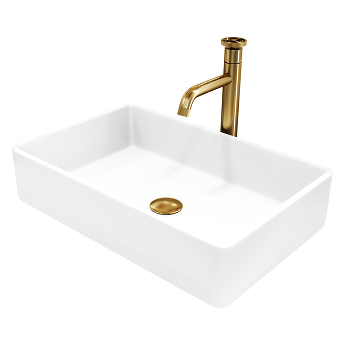 Matte Stone Magnolia Composite Rectangular Vessel Bathroom Sink in White with Cass Faucet and Pop-Up Drain in Matte Gold
