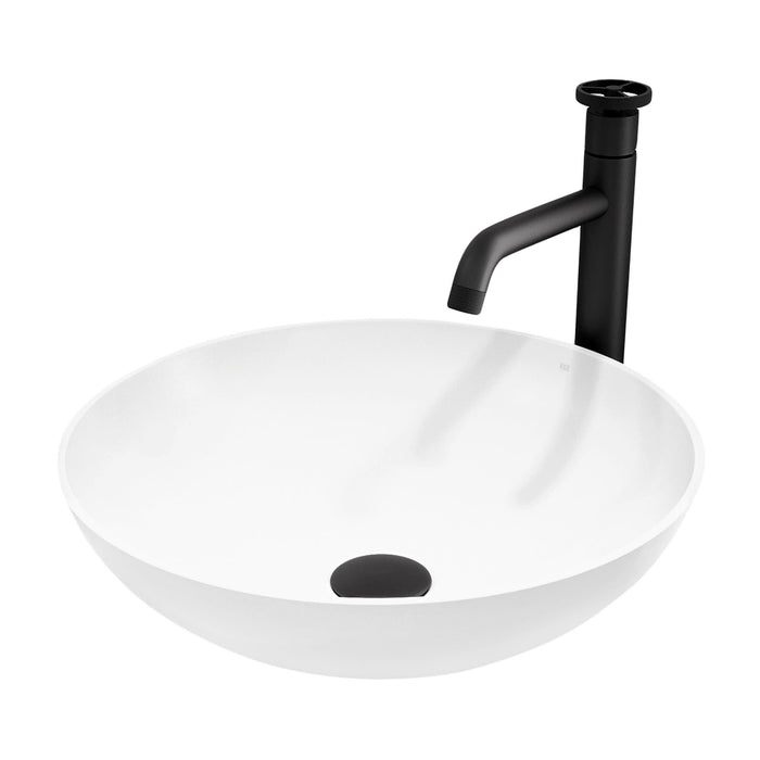 Matte Stone Lotus Composite Round Vessel Bathroom Sink in White with Cass Faucet and Pop-Up Drain in Matte Black