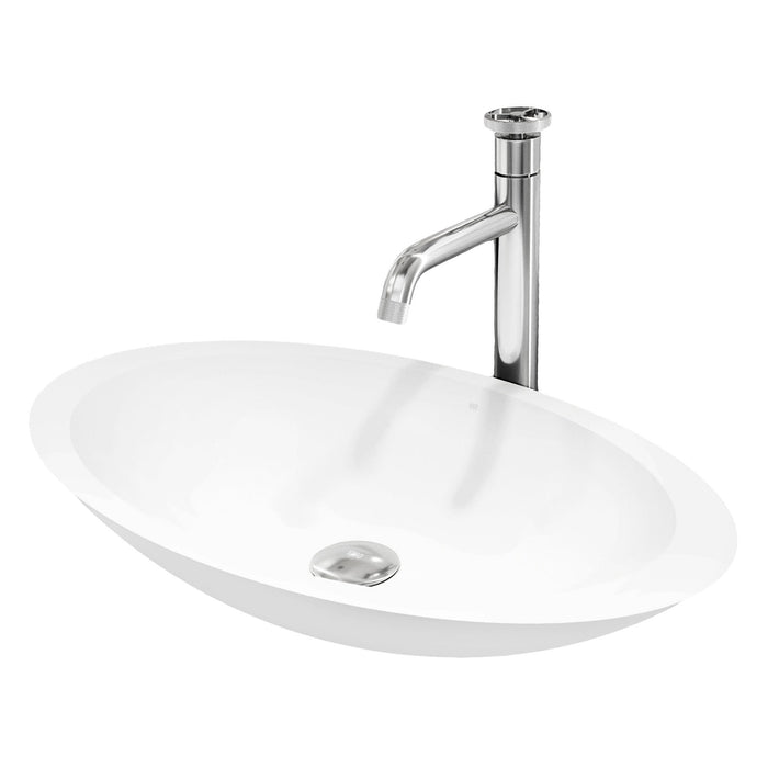 Matte Stone Wisteria Composite Oval Vessel Bathroom Sink in White with Cass Faucet and Pop-Up Drain in Chrome