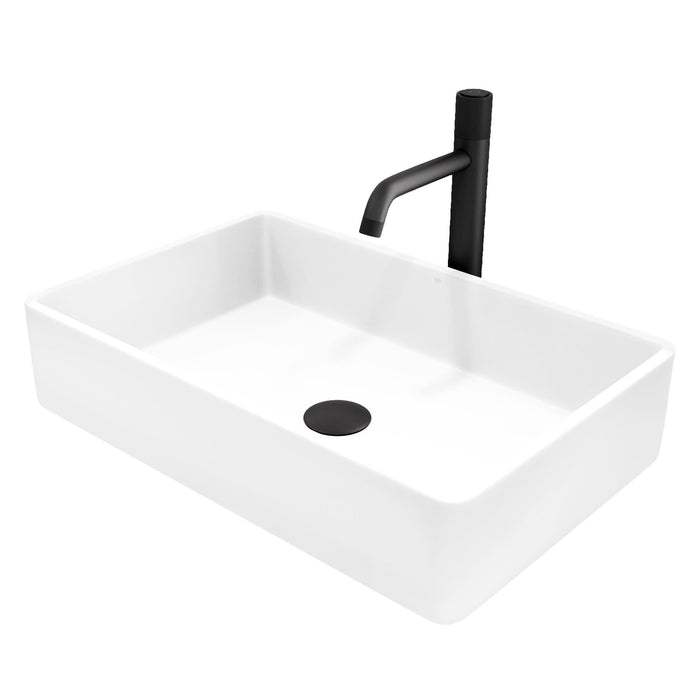 Matte Stone Magnolia Composite Rectangular Vessel Bathroom Sink in White with Faucet and Pop-Up Drain in Matte Black