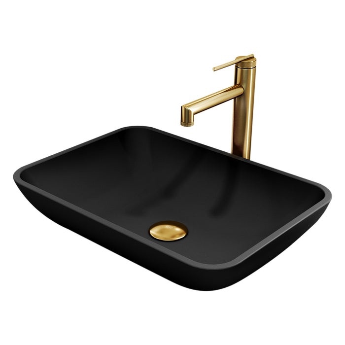 Matte Shell Sottile Glass Rectangular Vessel Bathroom Sink in Black with Sterling Faucet and Pop-Up Drain in