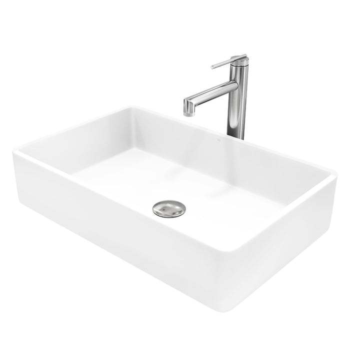 Matte Stone Magnolia Composite Rectangular Vessel Bathroom Sink in White with Sterling Faucet and Pop-Up Drain in Chrome