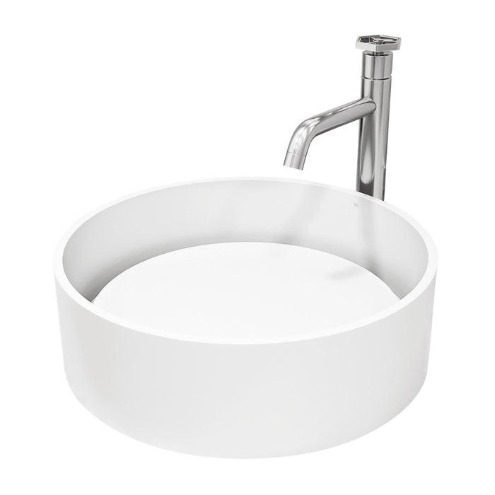 Anvil Matte Stone Composite Round Vessel Bathroom Sink in White with Dior Faucet and Pop-Up Drain in Chrome