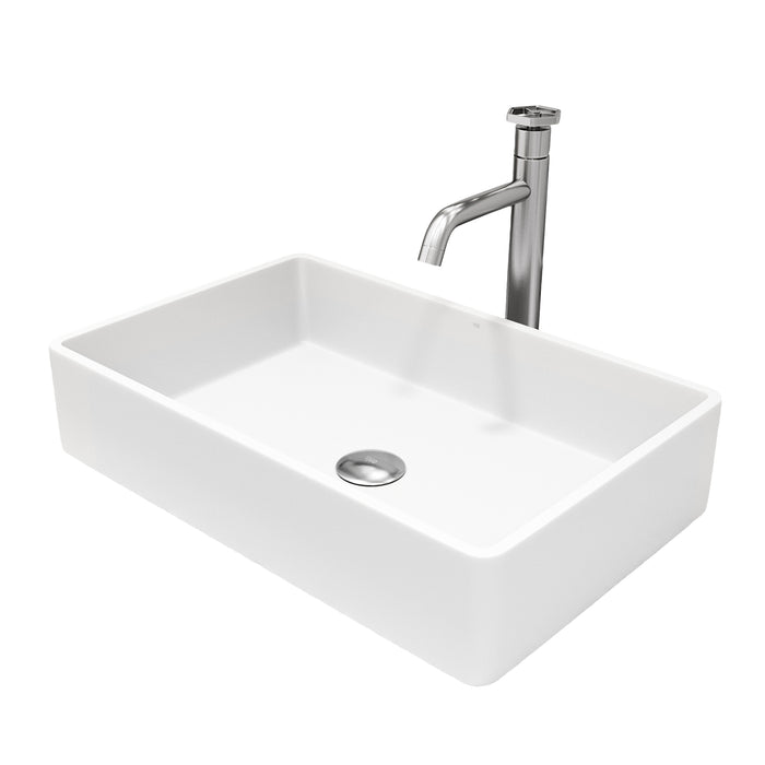 Matte Stone Magnolia Composite Rectangular Vessel Bathroom Sink in White with Faucet and Pop-Up Drain in Brushed Nickel
