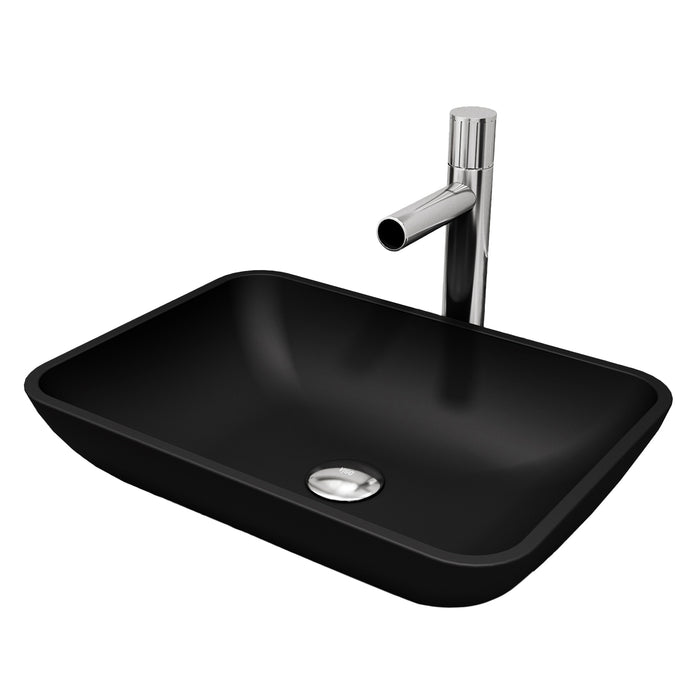 Matte Shell Sottile Glass Rectangular Vessel Bathroom Sink in Black with Ashford Faucet and Pop-Up Drain in