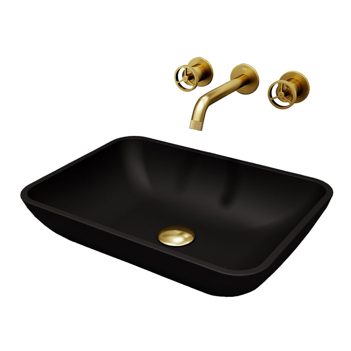 Matte Shell Sottile Glass Rectangular Vessel Bathroom Sink in Black with Wall-Mount Faucet and Drain in Matte Gold