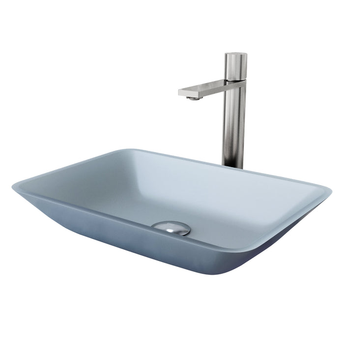 Matte Shell Sottile Glass Rectangular Vessel Bathroom Sink in Blue with Gotham Faucet and Pop-up Drain in Brushed Nickel