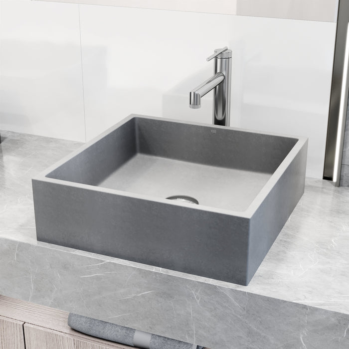 Concreto Stone Bathroom Sink with Sterling Vessel Faucet and Pop-Up Drain in Chrome