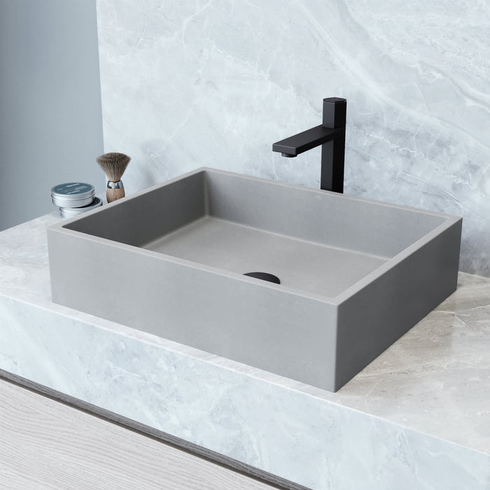 Coca Concreto Stone Bathroom Sink with Nova Vessel Faucet and Pop-Up Drain in Matte Black