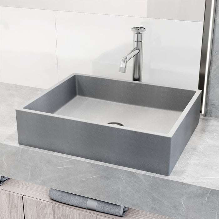 Concreto Stone Bathroom Sink with Cass Vessel Faucet and Pop-Up Drain in Brushed Nickel