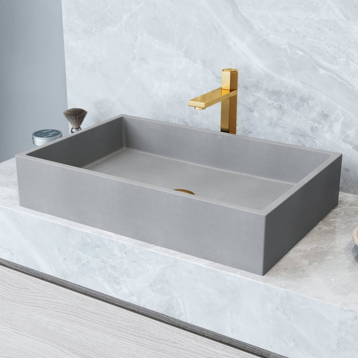 Concreto Stone Bathroom Sink with Nova Vessel Faucet and Pop-Up Drain in Matte Brushed Gold