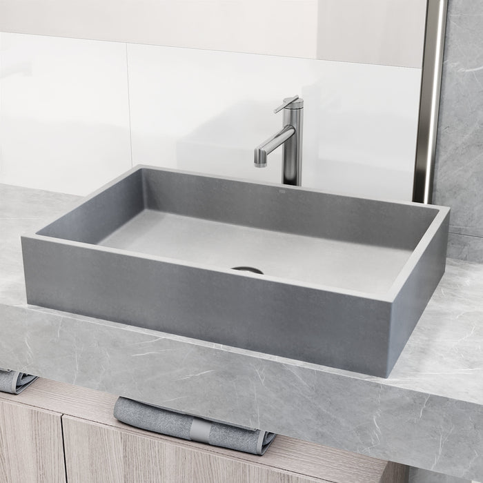 Concreto Stone Bathroom Sink with Sterling Vessel Faucet and Pop-Up Drain in Brushed Nickel