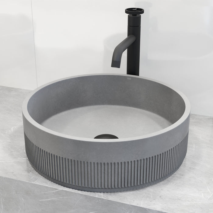 Concreto Stone Bathroom Sink with Cass Vessel Faucet and Pop-Up Drain in Matte Black