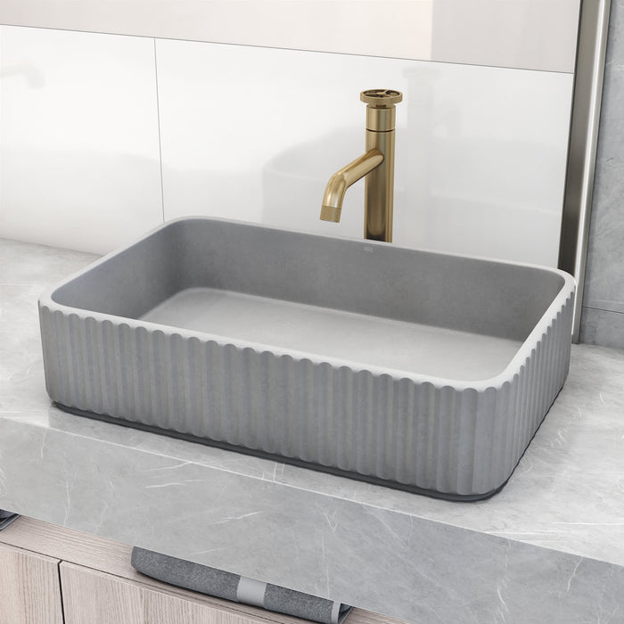 Concreto Stone Bathroom Sink with Cass Vessel Faucet and Pop-Up Drain in Matte Brushed Gold