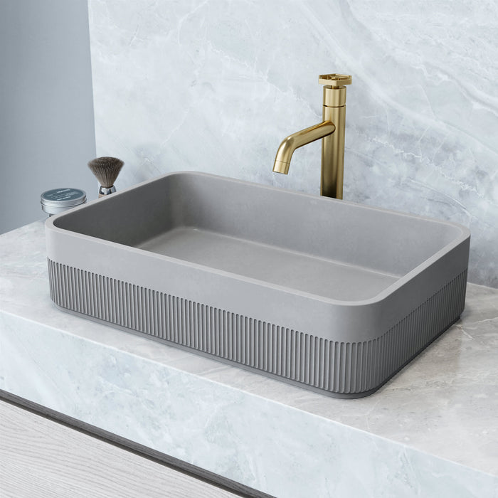 Concreto Stone Bathroom Sink with Ruxton Vessel Faucet and Pop-Up Drain in Matte Brushed Gold