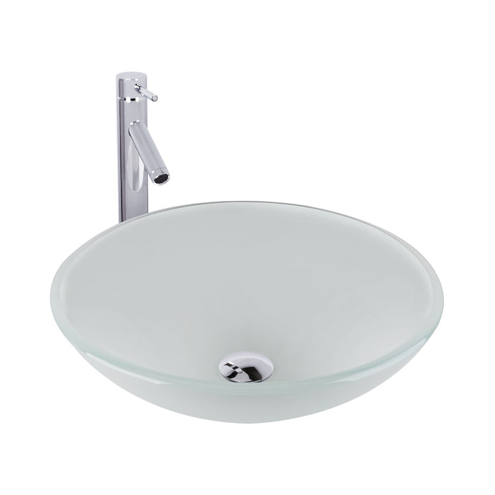 White Frost Glass Vessel Bathroom Sink Set With Dior Vessel Faucet In Chrome