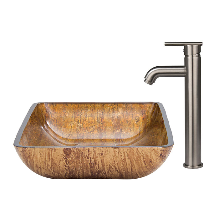 22" Rectangular Amber Sunset Glass Vessel Bathroom Sink Set With Seville Vessel Faucet In Brushed Nickel