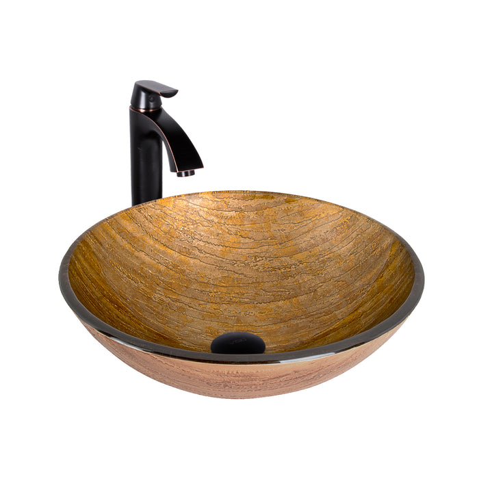 Amber Sunset Glass Vessel Bathroom Sink Set With Linus Vessel Faucet In Antique Rubbed Bronze