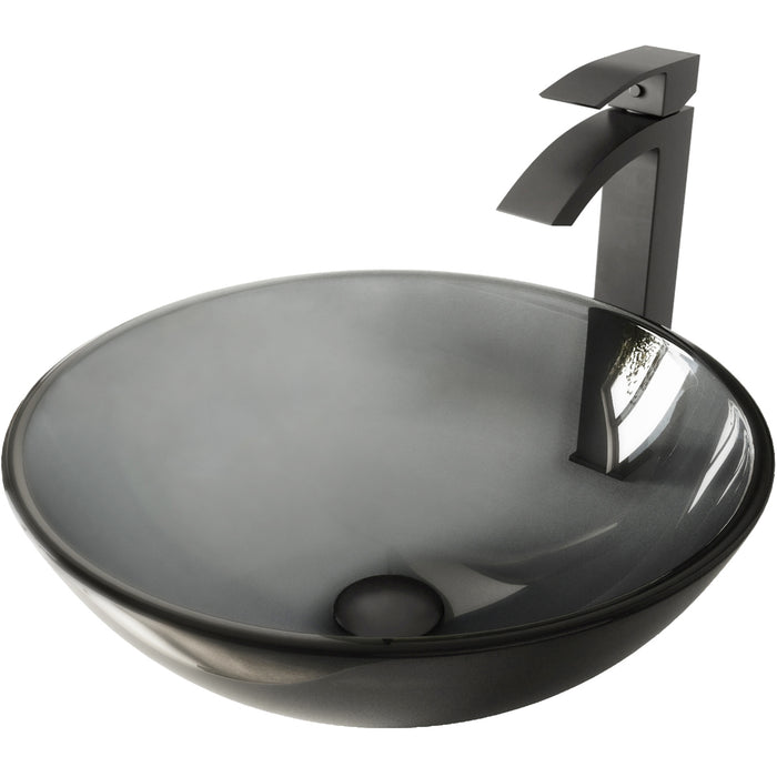 Sheer Black Glass Vessel Bathroom Sink Set With Duris Vessel Faucet In Matte Black