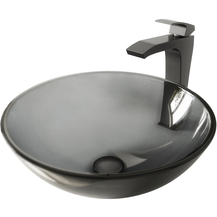 Sheer Black Glass Vessel Bathroom Sink Set With Blackstonian Vessel Faucet In Matte Black