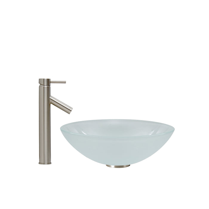 White Frost Glass Vessel Bathroom Sink Set With Dior Vessel Faucet In Brushed Nickel