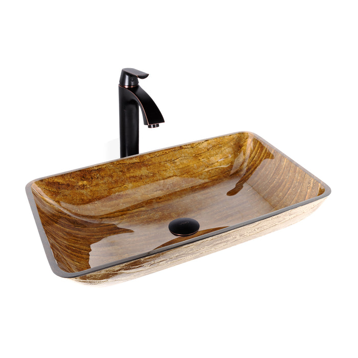 22" Rectangular Amber Sunset Glass Vessel Bathroom Sink Set With Linus Vessel Faucet In Antique Rubbed Bronze