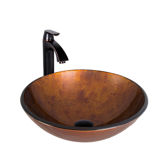 Russet Glass Vessel Bathroom Sink Set With Linus Vessel Faucet In Antique Rubbed Bronze