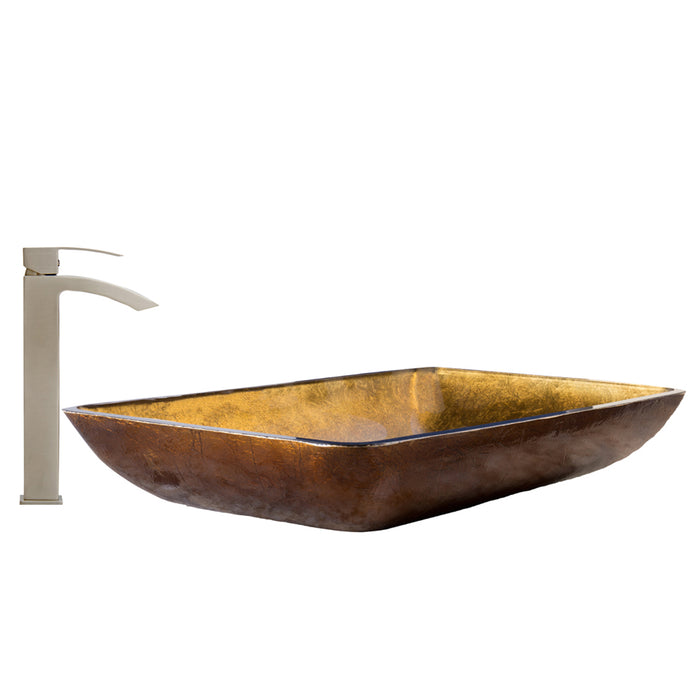 Rectangular Copper Glass Vessel Bathroom Sink Set With Duris Vessel Faucet In Brushed Nickel