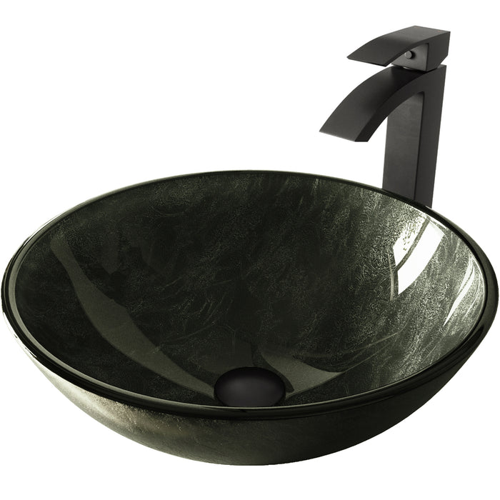 Gray Onyx Glass Vessel Bathroom Sink Set With Duris Vessel Faucet In Matte Black