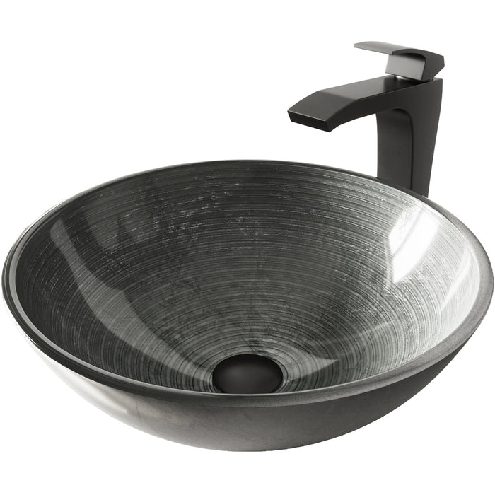 Simply Silver Glass Vessel Bathroom Sink Set With Blackstonian Vessel Faucet In Matte Black