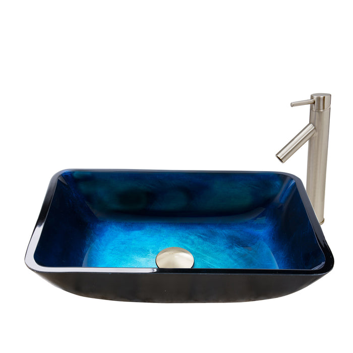 Rectangular Turquoise Water Glass Vessel Bathroom Sink Set With Dior Vessel Faucet In Brushed Nickel