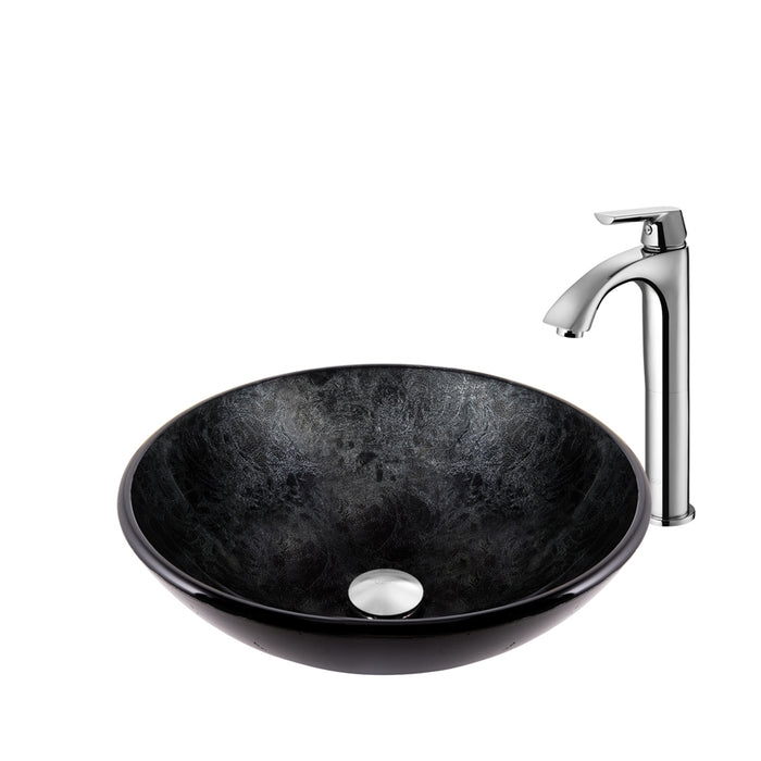 Gray Onyx Glass Vessel Bathroom Sink Set With Linus Vessel Faucet In Chrome