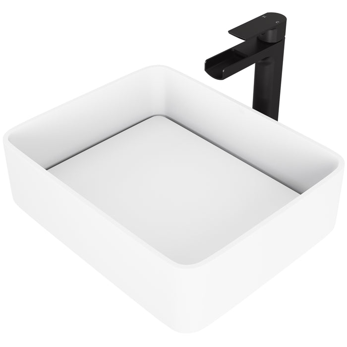 Jasmine Matte Stone Vessel Bathroom Sink Set With Amada Faucet In Matte Black