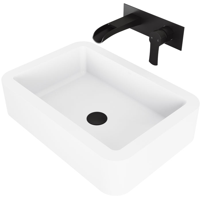 Petunia Matte Stone Vessel Bathroom Sink Set With Cornelius Wall Mount Bathroom Faucet In Matte Black