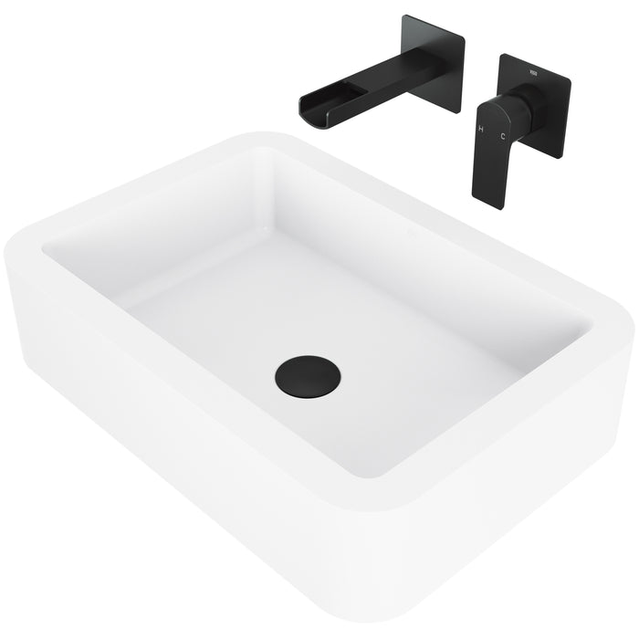 Petunia Matte Stone Vessel Bathroom Sink Set With Atticus Wall Mount Faucet In Matte Black