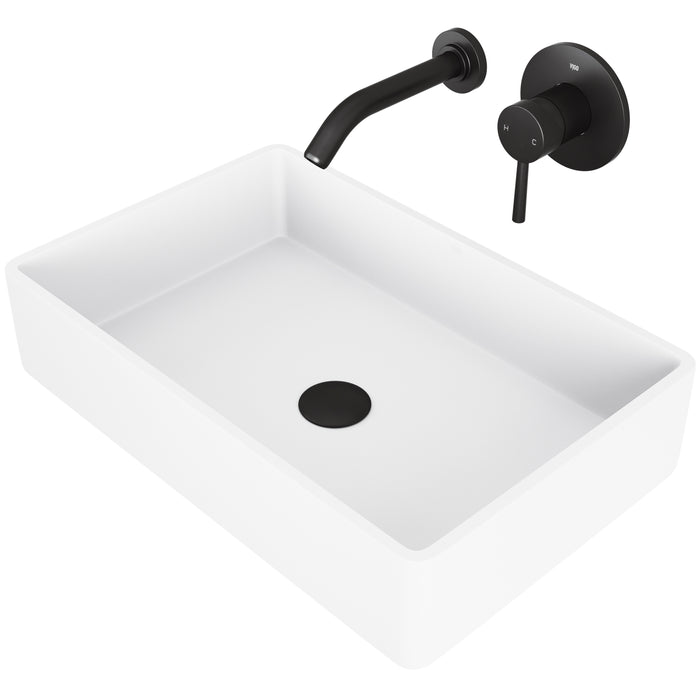 Magnolia Matte Stone Vessel Bathroom Sink Set With Olus Wall Mount Faucet In Matte Black