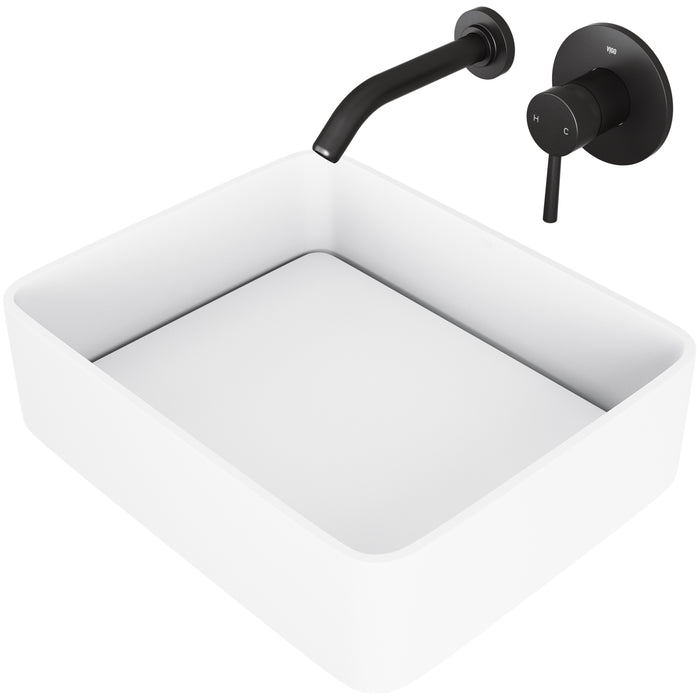Jasmine Matte Stone Vessel Bathroom Sink Set With Olus Wall Mount Faucet In Matte Black