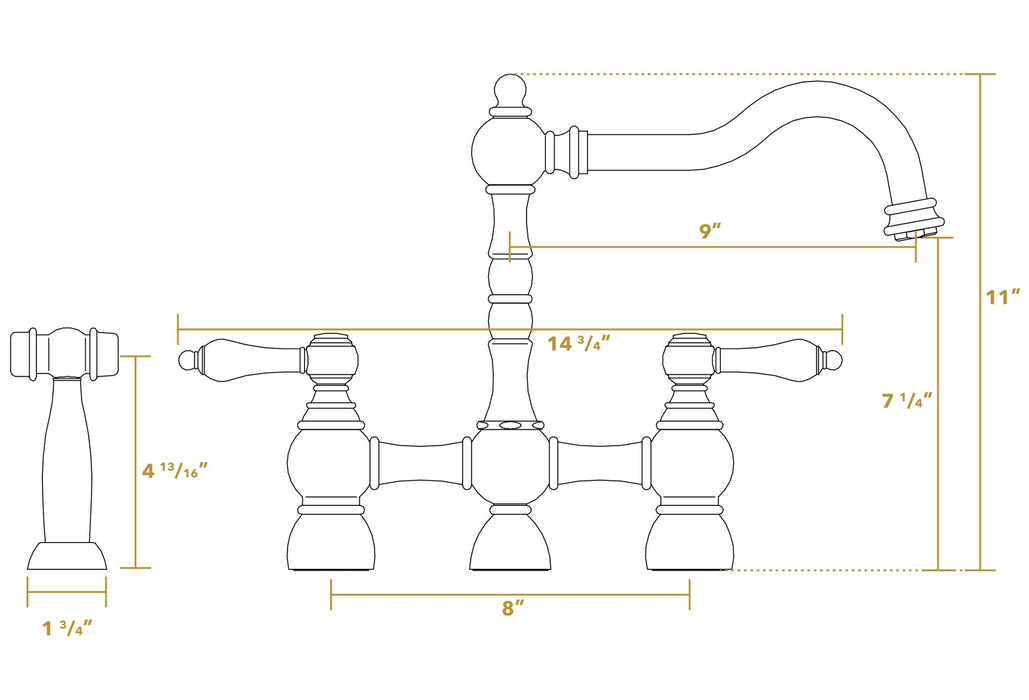 Whitehaus Bridge Faucet with Long Traditional Swivel Spout and Side Spray