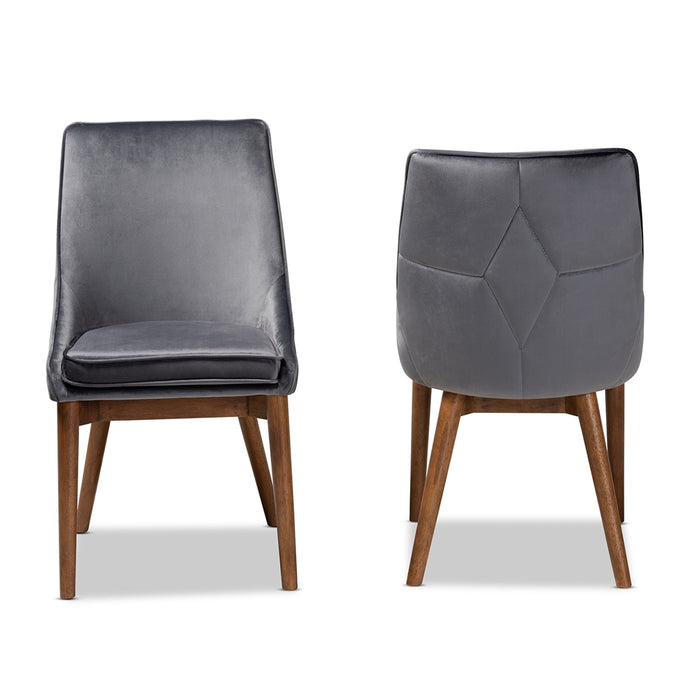 Gilmore Modern and Contemporary Grey Velvet Fabric Upholstered and Walnut Brown Finished Wood 2-Piece Dining Chair Set
