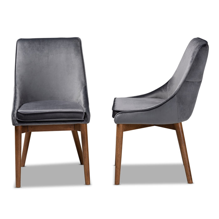 Gilmore Modern and Contemporary Grey Velvet Fabric Upholstered and Walnut Brown Finished Wood 2-Piece Dining Chair Set
