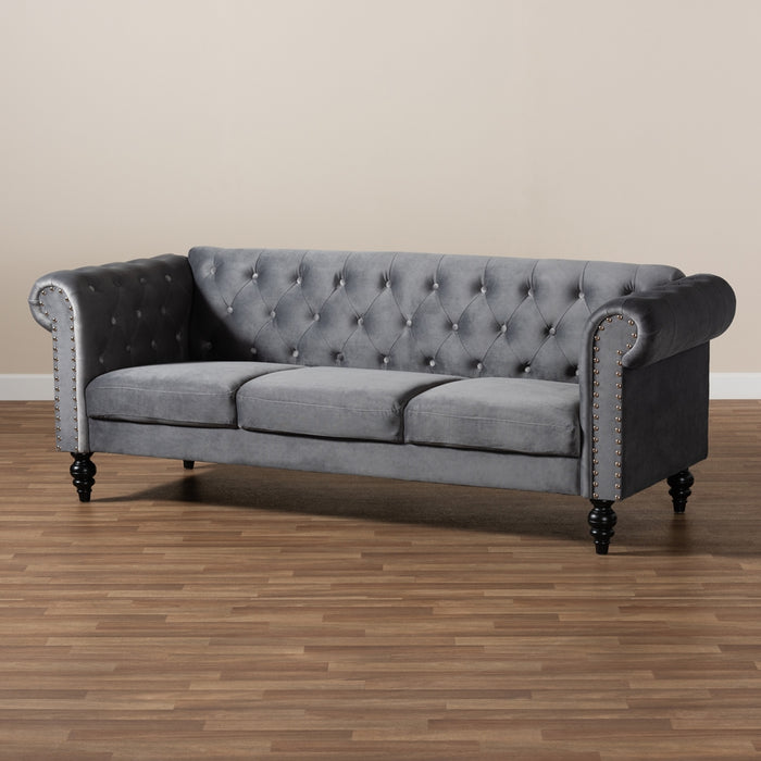 Emma Traditional and Transitional Grey Velvet Fabric Upholstered and Button Tufted Chesterfield Sofa