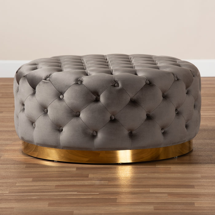 Sasha Glam and Luxe Grey Velvet Fabric Upholstered Gold Finished Round Cocktail Ottoman