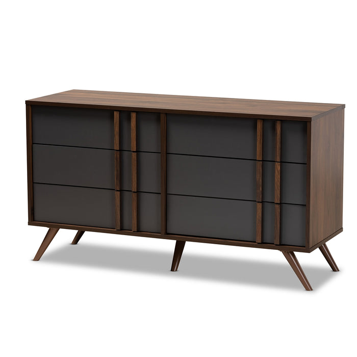 Naoki Modern and Contemporary Two-Tone Grey and Walnut Finished Wood 6-Drawer Bedroom Dresser