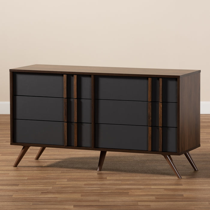 Naoki Modern and Contemporary Two-Tone Grey and Walnut Finished Wood 6-Drawer Bedroom Dresser