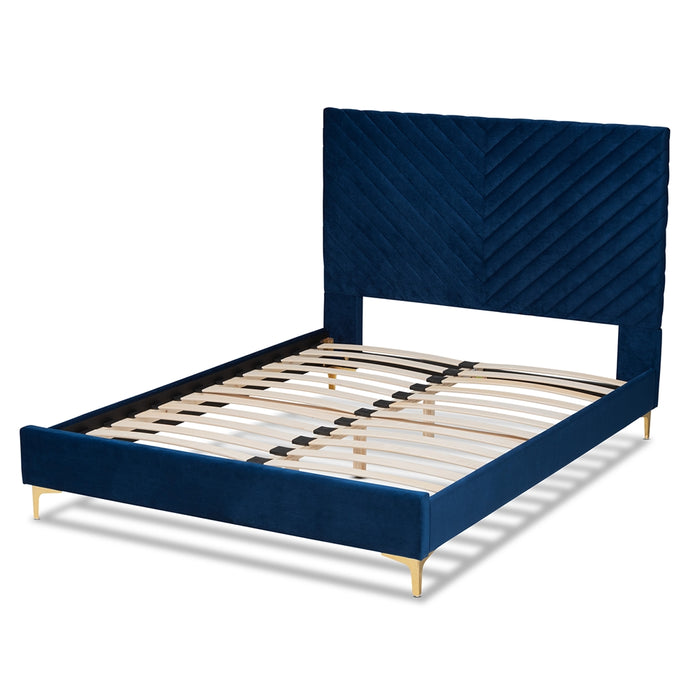 Fabrico Contemporary Glam and Luxe Navy Blue Velvet Fabric Upholstered and Gold Metal Queen Size Platform Bed