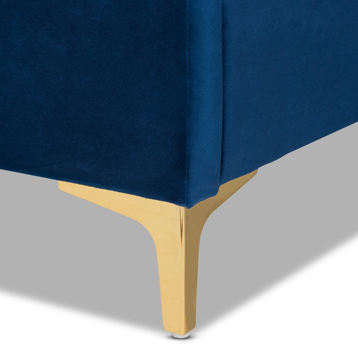 Fabrico Contemporary Glam and Luxe Navy Blue Velvet Fabric Upholstered and Gold Metal Queen Size Platform Bed